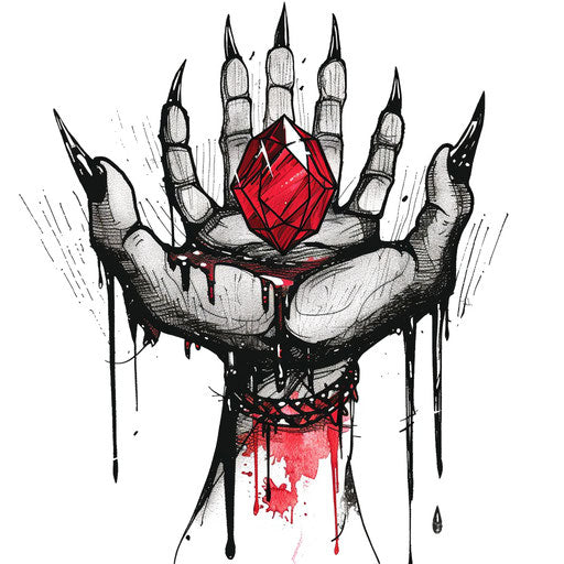 Bold tattoo sketch of a ruby held by clawed hands, in black and blood red, clipart style