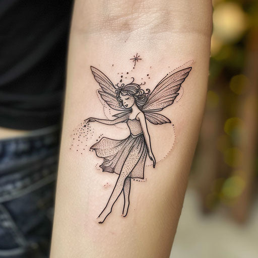 Whimsical flat tattoo sketch of a fairy with delicate wings and pixie dust