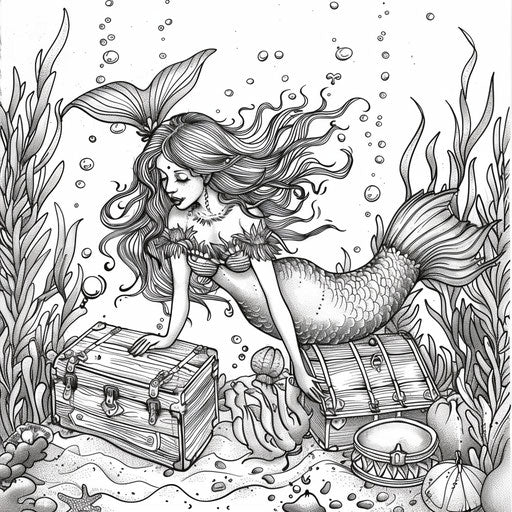 Mystical mermaid swimming among seaweed and treasure chests