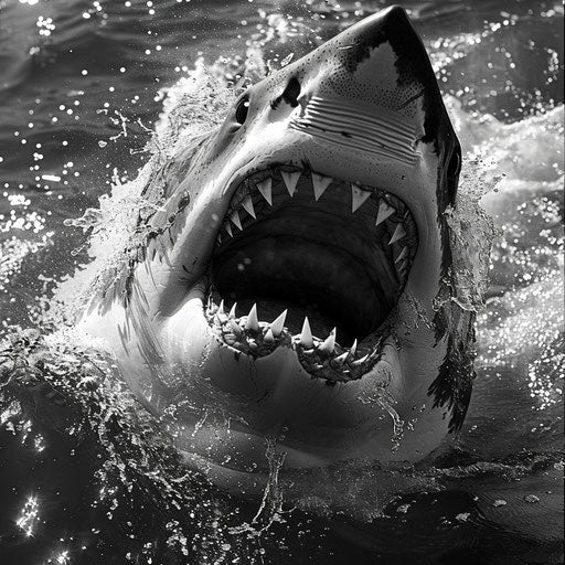 Large white shark with open mouth displaying rows of teeth