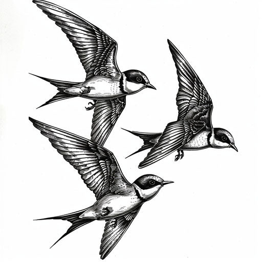 Three swallows flying on white background, intricate black and white, sharp lines, sense of movement