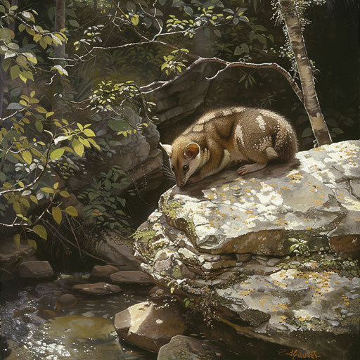 White-tail possum resting by a babbling brook