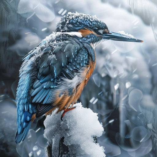 Kingfisher bird in a snowy and icy environment