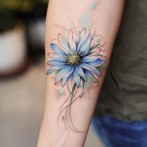 Watercolor effect tattoo sketch of a sprawling aster flower in soft blue and green shades