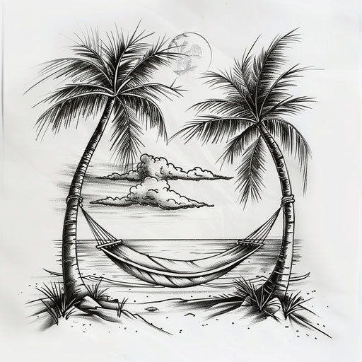 Tranquil flat tattoo sketch of a hammock between two palm trees on a tropical beach