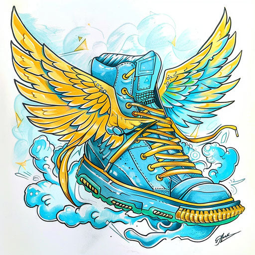 Whimsical tattoo sketch of a cartoonish sneaker with wings