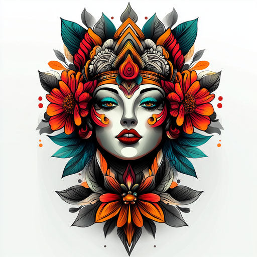 Neck tattoo with bold neo-traditional style on white background