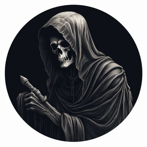 Black and white illustration of a reaper with a scythe