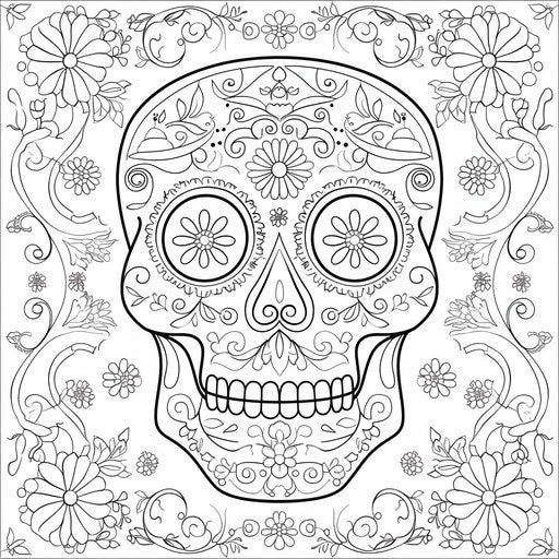 Detailed Dia de los Muertos skull with floral designs