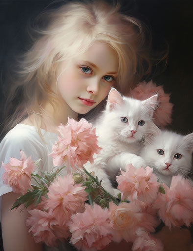 Kittens on a bouquet, in light pink and white style