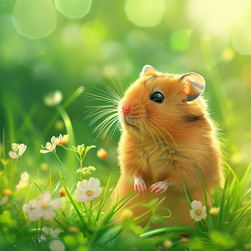Syrian hamster against a vibrant green meadow