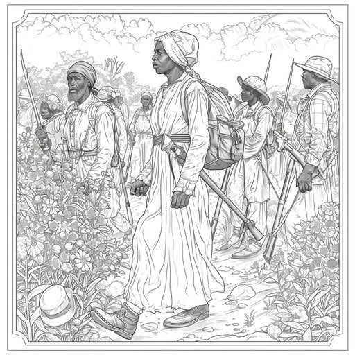 Harriet Tubman leading a group to freedom, detailed backgrounds