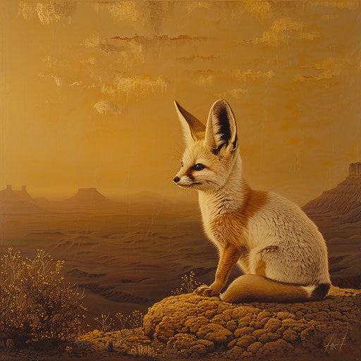 Fennec fox in a golden desert landscape at dusk