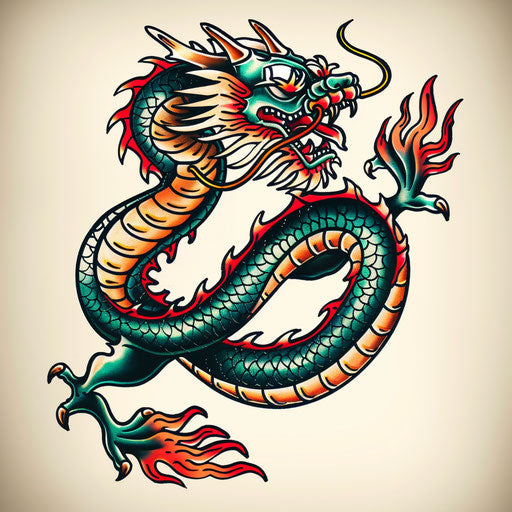 Sailor Jerry style dragon tattoo, vibrant and detailed