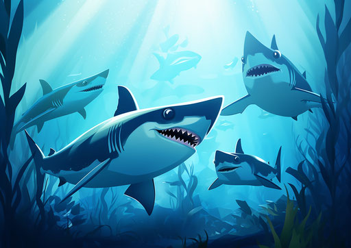 Cartoon of sharks, whimsical animation style