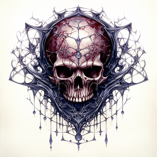 Spider on web with skull motif, dimensional layers, maroon and dark blue