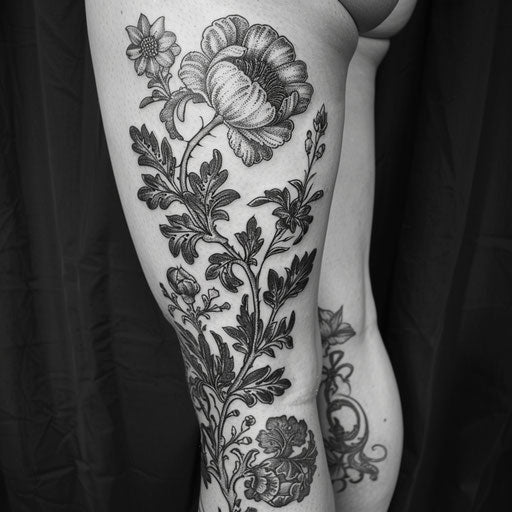 Knee tattoos in the style of Maria Sibylla Merian with floral details