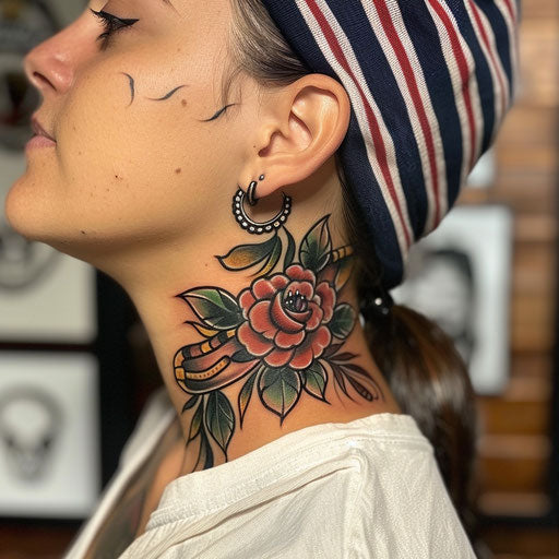Neck tattoos for females with sailor motifs, Sailor Jerry style