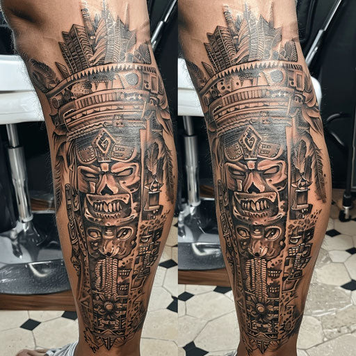 Aztec gods leg tattoo in the style of J.P. Targete