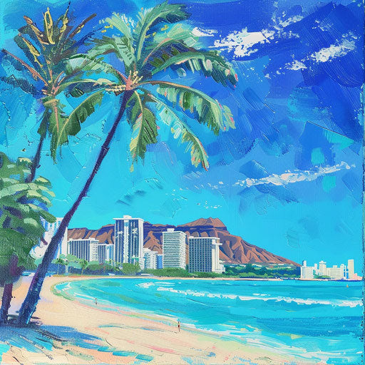 Waikiki Beach with vibrant blue waters and palm trees