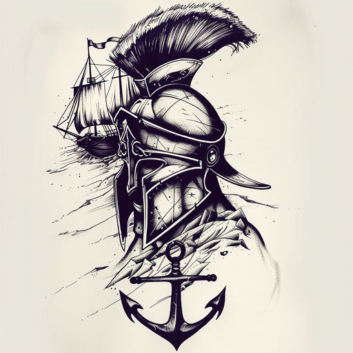 Sketch of nautical-themed spartan helmet tattoo
