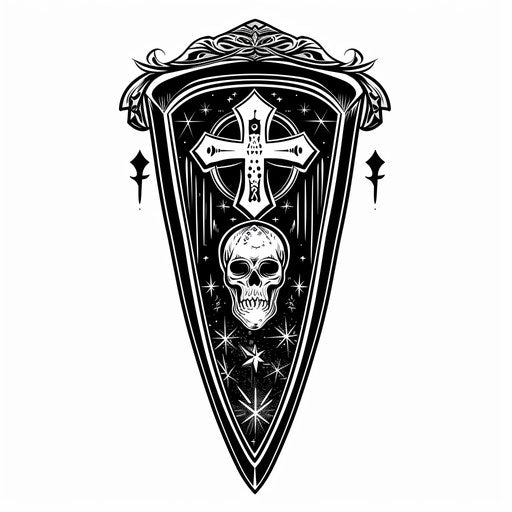 Bold flat tattoo sketch of a coffin with black and white contrasts and Gothic motifs
