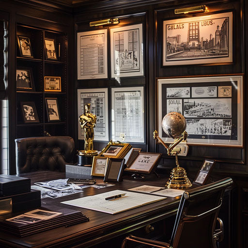 Film director's office with storyboards and awards