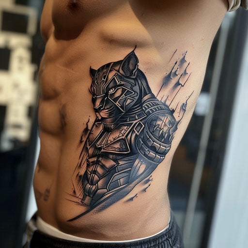 Bold black panther warrior with tattoo on battle-worn flag