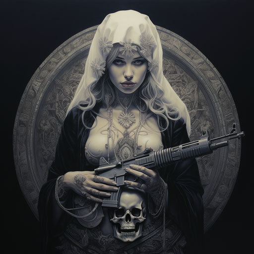 Iconic religious thriftcore art with skull and gun