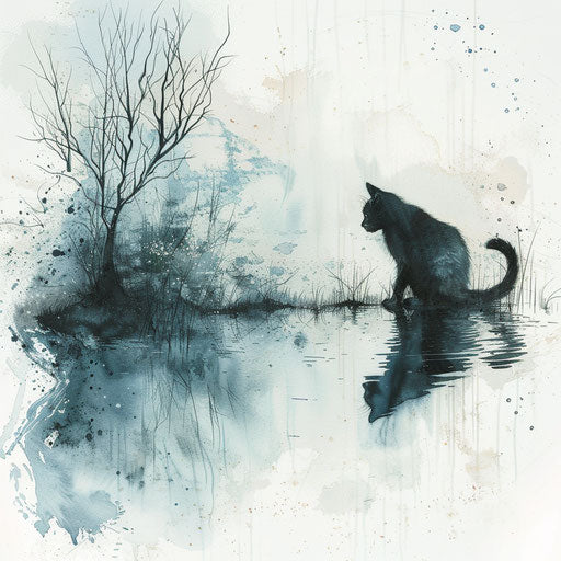 Tranquil sketch of a cat beside a pond