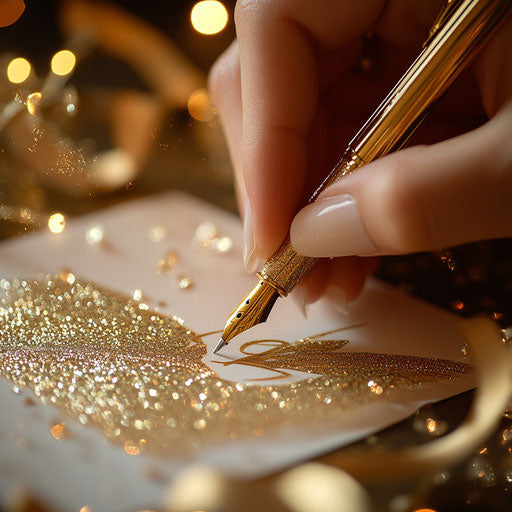 Writing a holiday greeting with a golden pen