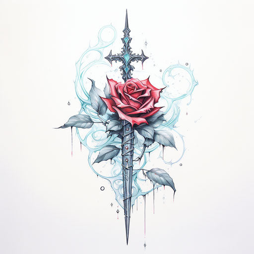Red rose and dagger with leaves, light aquamarine style