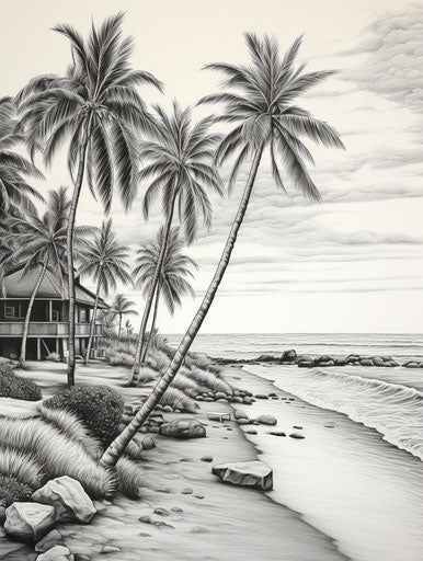 Drawing of palm trees on the beach in black and white