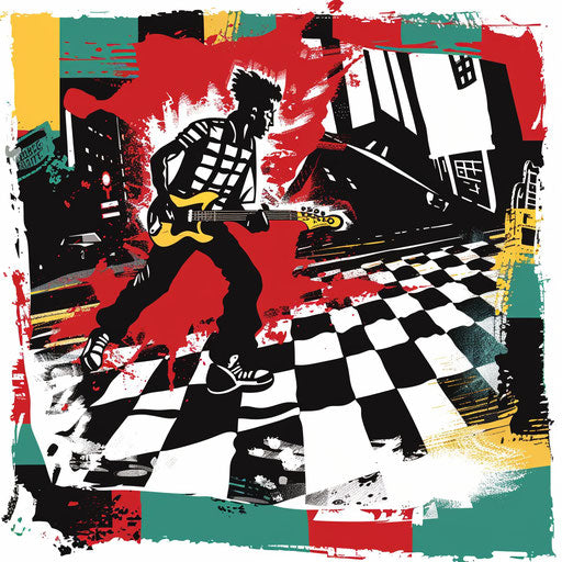Ska band logo with fun, checkerboard fonts and a lively street background