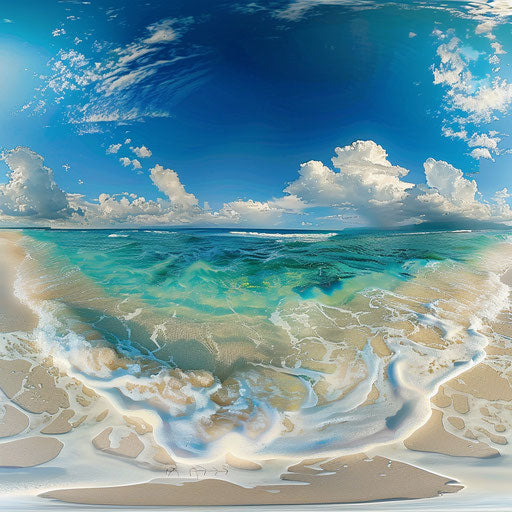 Panoramic view of a sandy beach with its serene waters and white sandy beaches