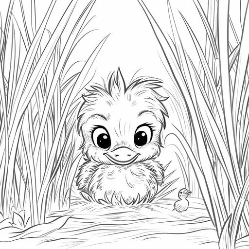 Adorable duckling peeking out from tall grass