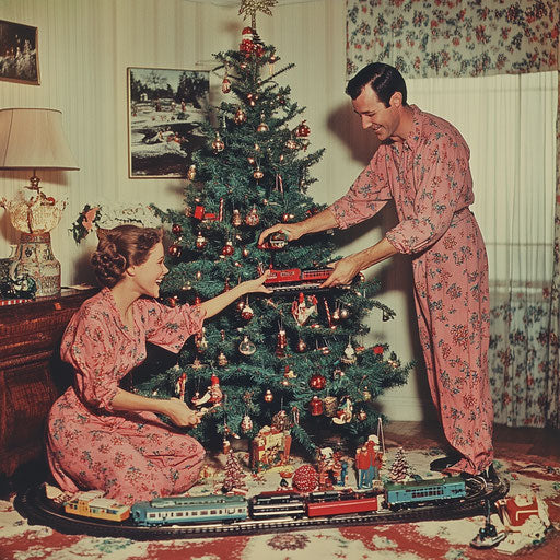 A couple in pajamas setting up a train around the Christmas tree