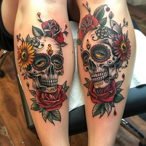 Sibling tattoos in Ed Hardy style with roses and skulls