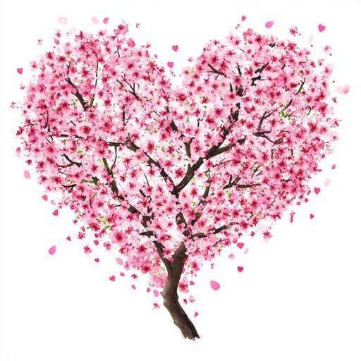 Heart-shaped tree with pink blossoms on white background