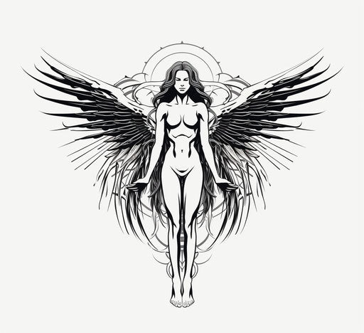 Angel in black and white, superhero style, symmetrical wings