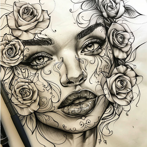 Sketch of a Chicano art woman's face with roses, soft and intricate