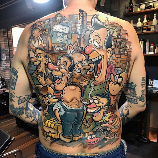 Humorous back tattoos for men with cartoon characters in unexpected situations
