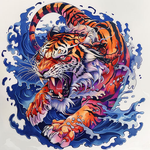 Anime tiger leaping, bold colors, intricate details
