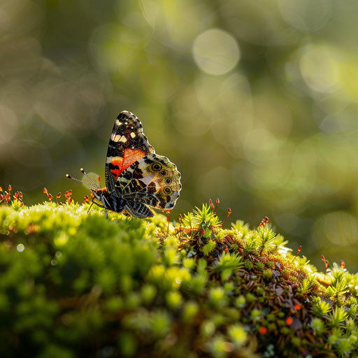 Red admiral butterfly on bright green moss
