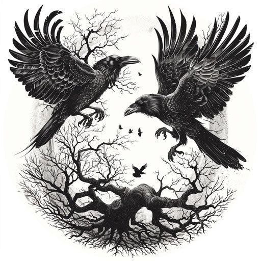 Detailed Nordic tattoo in black ink with Odin's ravens and Yggdrasil
