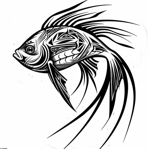 Tribal-style fish tattoo design with bold black lines and geometric patterns on white background