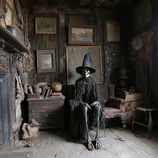 A skeletal figure in a decaying gothic room