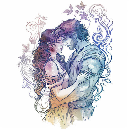 Romantic tattoo sketch of Hercules and Megara in an embrace, with soft colors in a tender clipart design