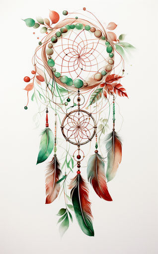 Dream catcher with feathers, wings and acorns in red and green
