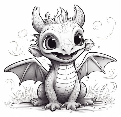 Coloring page of a cute little toothless dragon